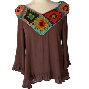 Judith March Boho Pheasant Crochet Top Shirt SZ S